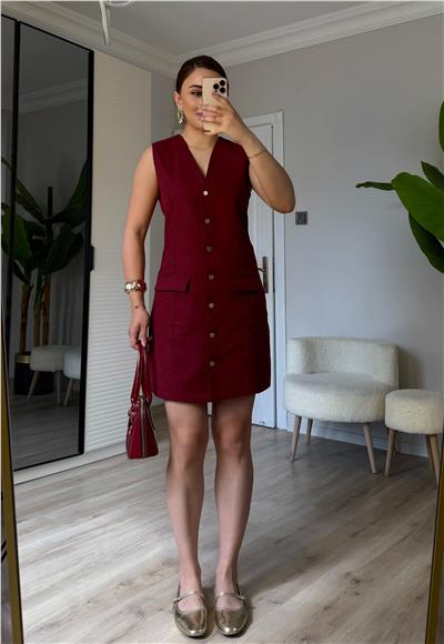 keten gold düğmeli elbise-BORDO