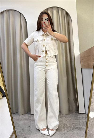 Keyy Bej Gold Düğmeli Denim Takım