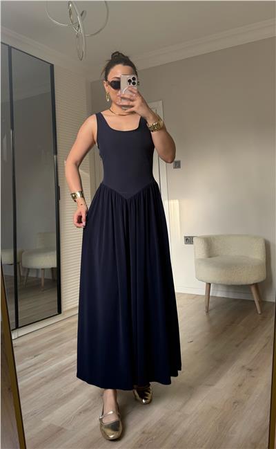 Korse kesim midi elbise-LACİVERT