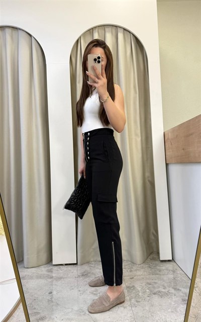 Lace Siyah Fermuar Detay Kargo Pantolon