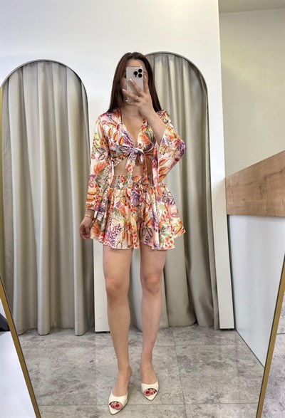 Laura Etnik Desen Renkli Saten Takım