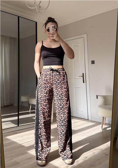 Leopar siyah şeritli pantolon