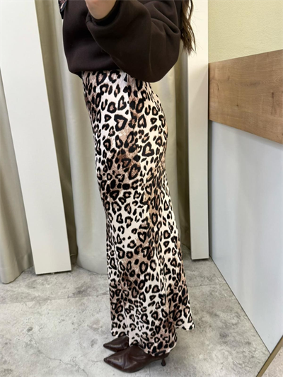 Leos Kahve Leopar Saten Maxi boy Etek