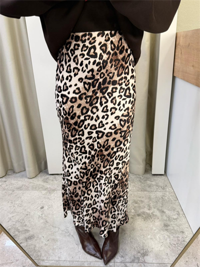 Leos Kahve Leopar Saten Maxi boy Etek