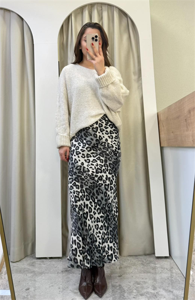 Leos Siyah Leopar Saten Maxi boy Etek