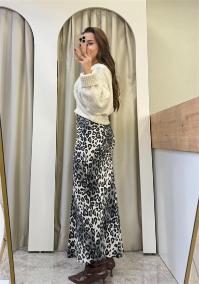 Leos Siyah Leopar Saten Maxi boy Etek
