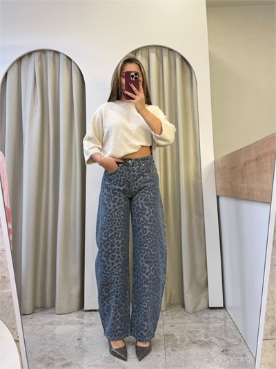 Levona Mavi Leopar Desen  Barrel Jean