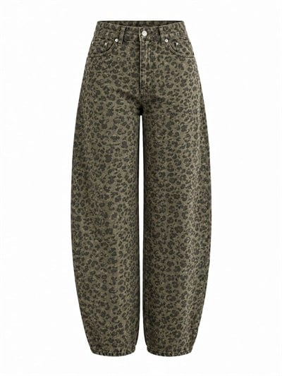 Levona Yeşil Leopar Desen  Barrel Jean