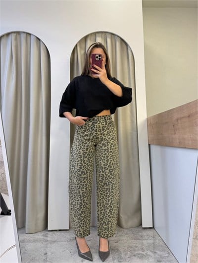 Levona Yeşil Leopar Desen  Barrel Jean