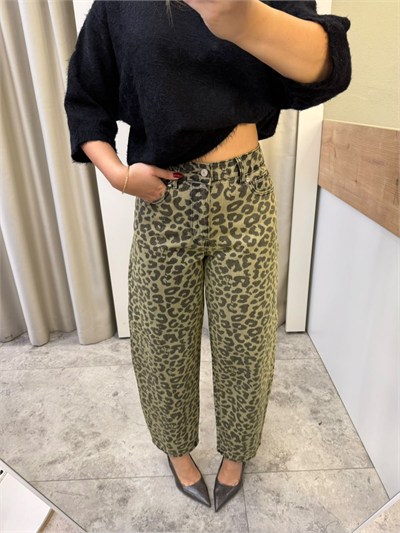 Levona Yeşil Leopar Desen  Barrel Jean