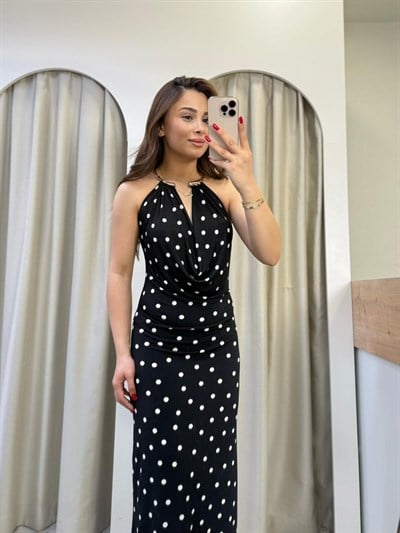 Loren Siyah Kolye Detay Puantiye Elbise