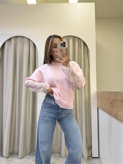 Luna Pembe Dantel Kol Detay Triko