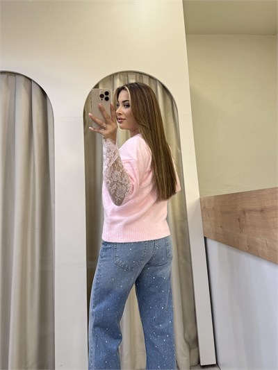 Luna Pembe Dantel Kol Detay Triko