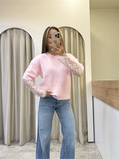 Luna Pembe Dantel Kol Detay Triko