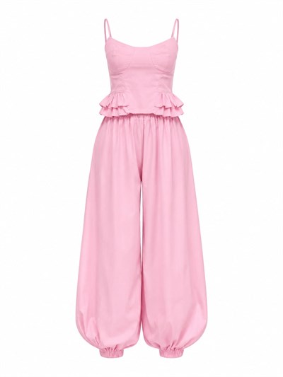 Lunara Pembe Balon Şalvarlı Poplin Takım