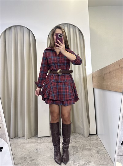 Macar Bordo Ekose Kemerli Elbise