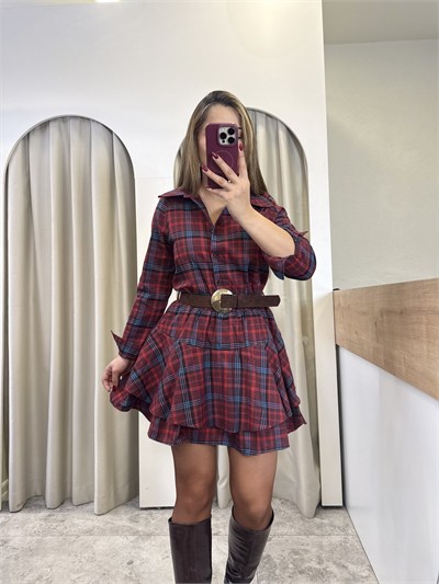 Macar Bordo Ekose Kemerli Elbise