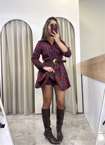 Macar Bordo Ekose Kemerli Elbise