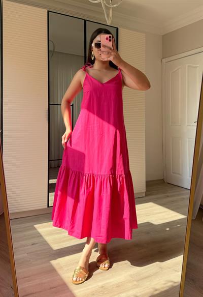 Maxi boy poplin elbise-Pembe