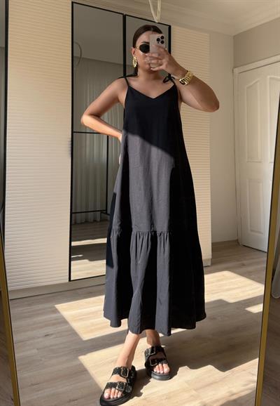 Maxi boy poplin elbise- Siyah