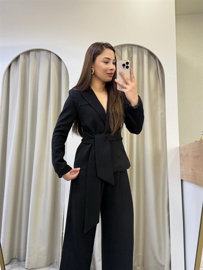 Melina Siyah Bağlamalı Blazer Takım