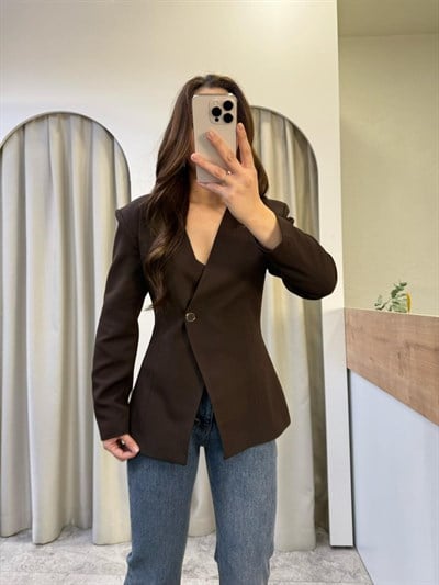 Meysi Belden Oturtmalı Vatkalı Blazer Kahve