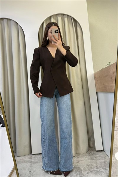 Meysi Belden Oturtmalı Vatkalı Blazer Kahve