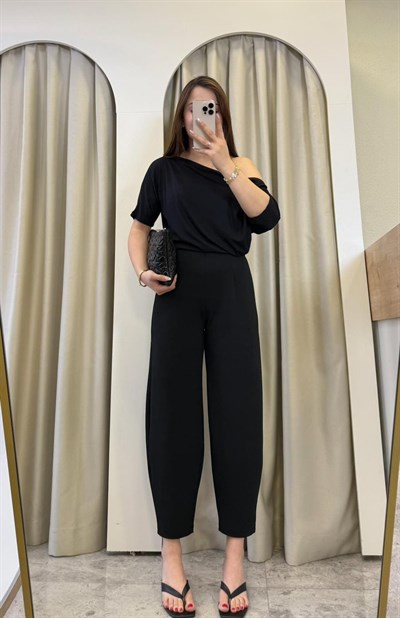 Mirel Crep Kumaş Likralı Balon Pantolon Siyah