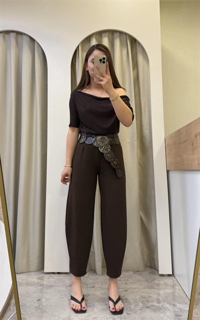 Mirel Crep Kumaş Likralı Balon Pantolon Kahve