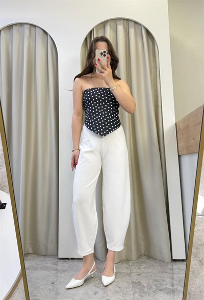Mirel Crep Kumaş Likralı Balon Pantolon Beyaz