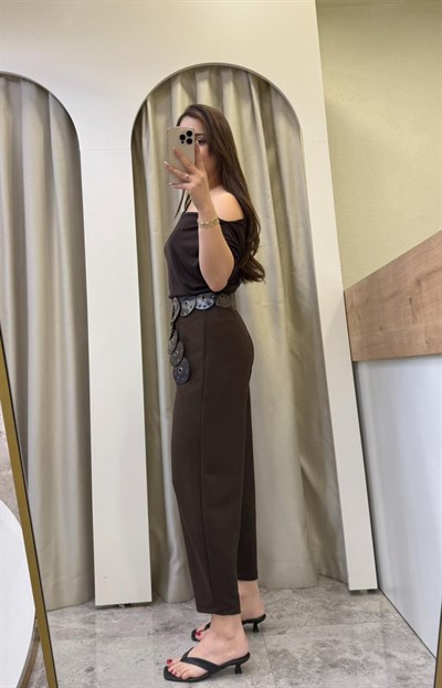 Mirel Crep Kumaş Likralı Balon Pantolon Kahve