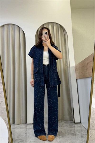 Moise Taşlı Denim Kuşaklı Takım