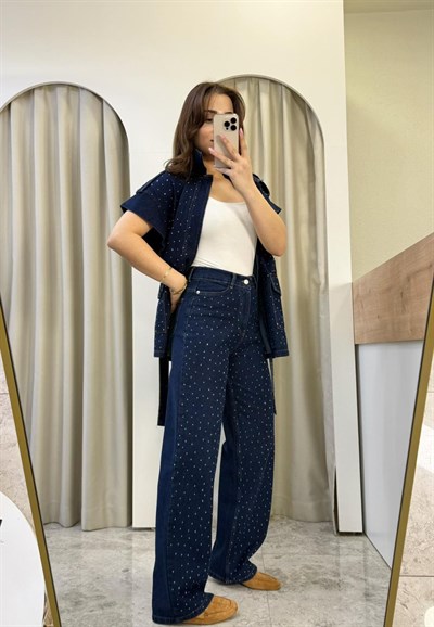 Moise Taşlı Denim Kuşaklı Takım