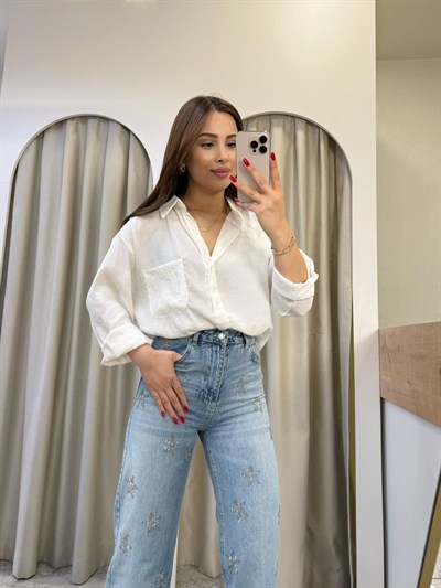 Muse Beyaz Tensel Oversize Gömlek