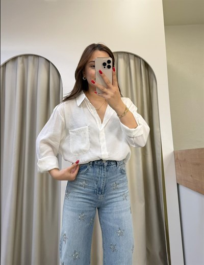 Muse Beyaz Tensel Oversize Gömlek