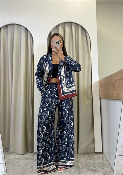 Navy Şal Desen Kruvaze Ceket-Pantolon Lacivert Takım
