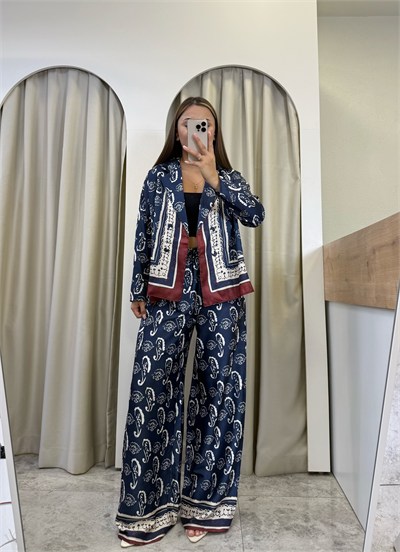 Navy Şal Desen Kruvaze Ceket-Pantolon Lacivert Takım