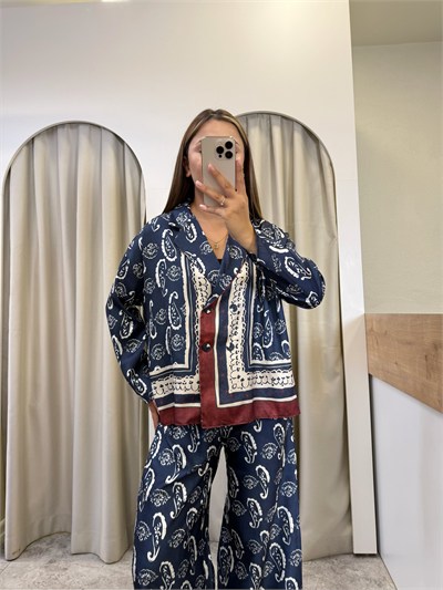 Navy Şal Desen Kruvaze Ceket-Pantolon Lacivert Takım