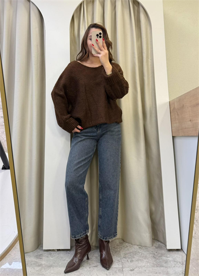 Niss Kahve Kayık Yaka Oversize Kazak