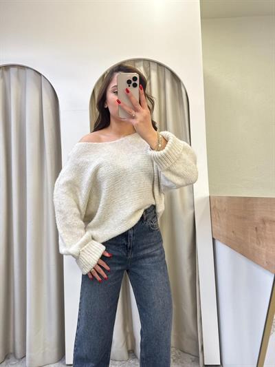 Niss Krem Kayık Yaka Oversize Kazak
