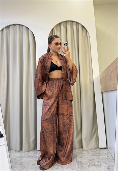 Noemi Etnik Desenli Kimono Bluz-Palazzo Pantolon Saten Takım