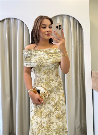 Olivia Yeşil Desenli Madonna Yaka Elbise