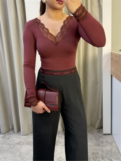 Orj Marka Dantelli Kaşmir Bluz Bordo