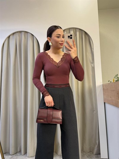 Orj Marka Dantelli Kaşmir Bluz Bordo