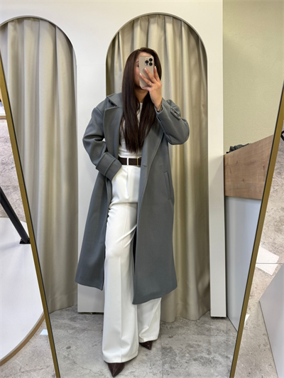 Oversize Astarlı Gri Kaşe Kaban