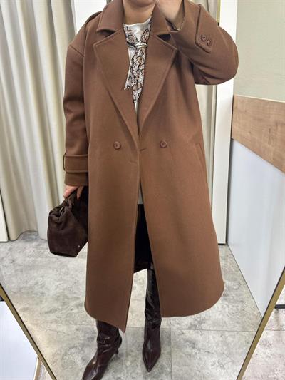 Oversize Astarlı Kaşe Kaban-KAHVE