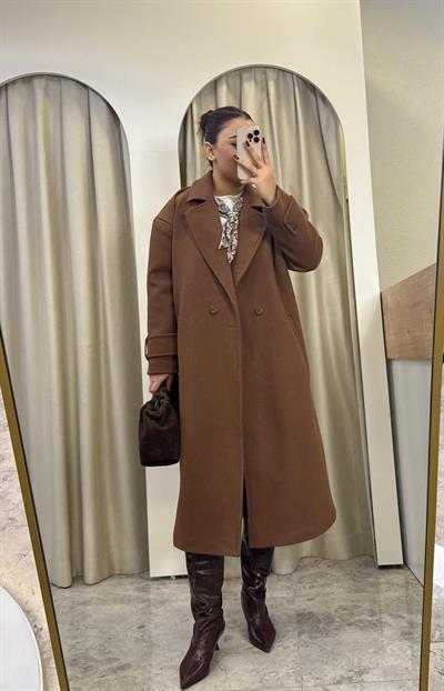 Oversize Astarlı Kaşe Kaban-KAHVE