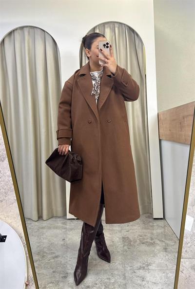 Oversize Astarlı Kaşe Kaban-KAHVE