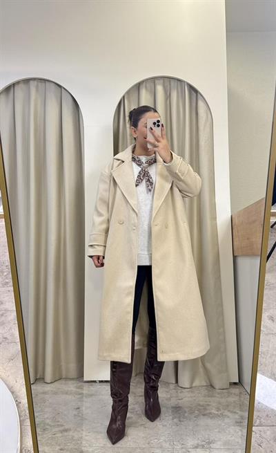 Oversize Astarlı Kaşe Kaban-KREM