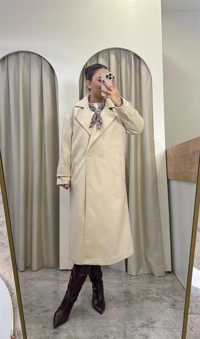 Oversize Astarlı Kaşe Kaban-KREM
